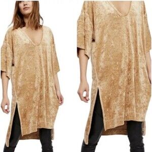 FREE PEOPLE We The Free Brown Luxe Velvet Oversized V-Neck Tunic Top/Dress Sz S